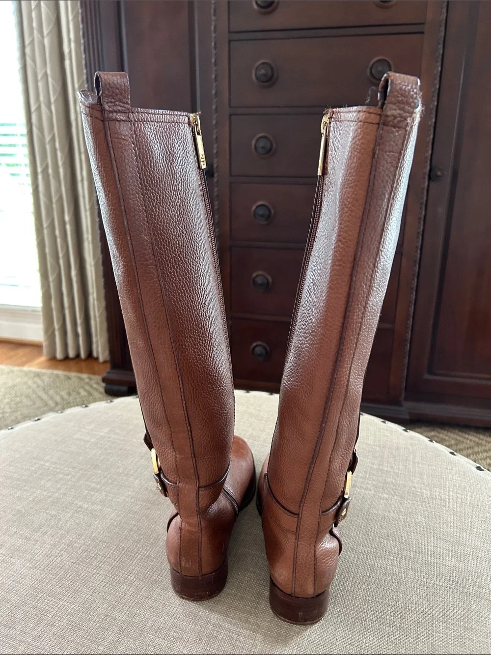 Tory Burch Amanda Cognac Brown Leather Tall Logo Riding Boots (size 5.5)